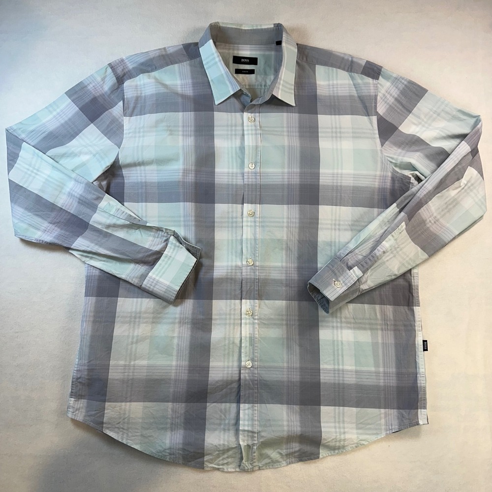 Hugo Boss Mens 3XL Slim Fit Plaid Button Down Shirt Grey Blue Long Sleeve Cotton